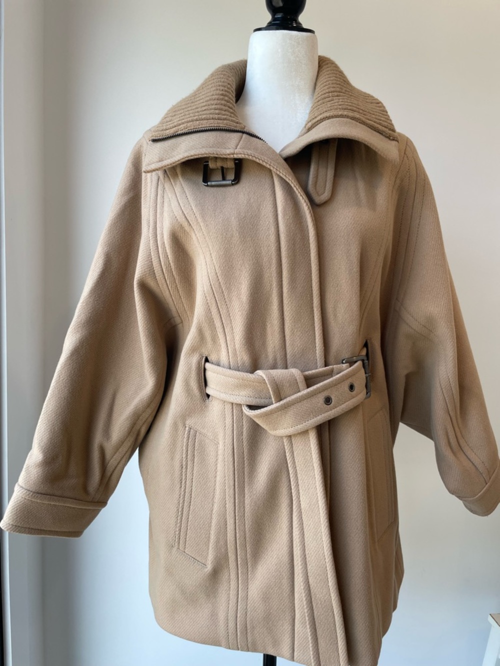 Andrew Marc Belted Camel Coat with Wide Ribbed Collar